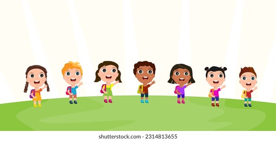 little students kids backpackers say goodbye say goodbye hello arms raise hands friends primary school nursery kindergarten outside nature park banner cute design