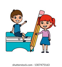 little students kids with sharpener and pencil