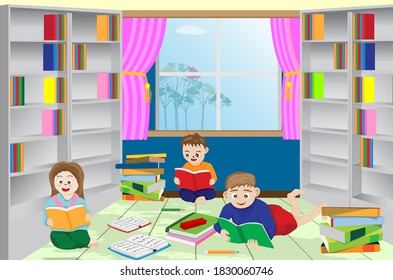 little students reading in library vector design