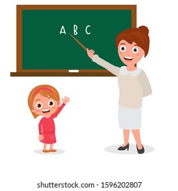 Little students and teacher.  Teacher is holding pointer in her hand and standing near a board. Back to school concept. School lesson. 