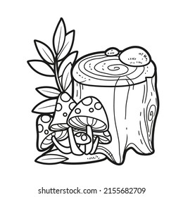 Little stump with with fly agaric, moss and tree sprout linear drawing for coloring isolated on white background