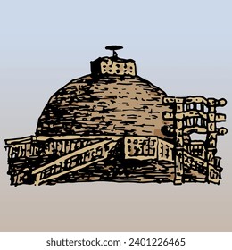 The little Stupa No. 3 at Sanchi, Madhya Pradesh. Ancient Buddhist monument in India. Hand drawn colorful sketch.
