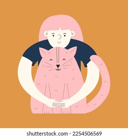 A little stylized girl hugs a cat with her hands. The concept emotional support animal. Design decor element. Vector hand drawn illustration