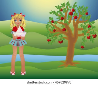 Little summer girl and seasons tree, vector illustration