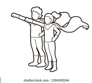 Little Super Hero Boy and Girl standing together with costume cartoon graphic vector.