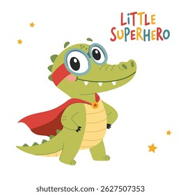 Little super hero. Cute crocodile in superhero costume with cape. Children's illustration on white background