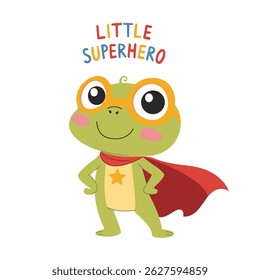 Little super hero. Cute little frog in superhero costume with cape. Children's illustration on white background