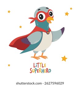 Little super hero. Cute pigeon in superhero costume with cape. Bird. Children's illustration on white background