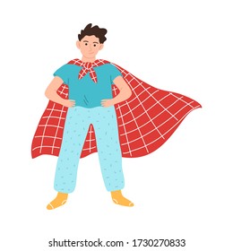 Little superhero boy character in a red cloak standing with hands on the belt. Vector illustration in cartoon style
