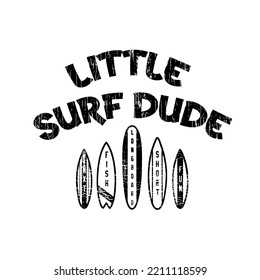 Little surf dude text with surfboard vector illustration isolated on white background