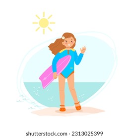 Little surfer girl stands by sea on the sand, holds surfboard, waves her hand and smiles. Vector illustration of family vacation with children on the beach. Sports lifestyle.