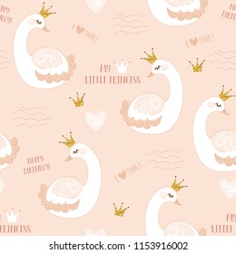 Little Swan Princess With Crown Vector Illustration Seamless Pattern