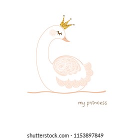 Little Swan Princess With Gold Crown Vector Illustration Card