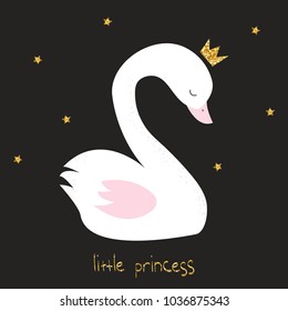 Little swan princess with gold glitter crow and lettering. Vector hand drawn illustration.