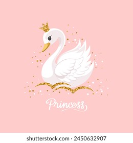 Pequeña princesa cisne con una corona dorada sobre un fondo rosa. Ilustración linda para la impresión de moda, tarjetas de felicitación, decoración del dormitorio del vivero. Vector