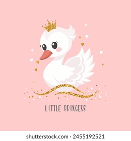 Little swan princess with a golden crown on a pink background. Cute illustration for fashion print, greeting cards, nursery bedroom decoration. Vector