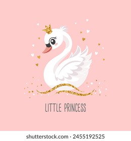 Little swan princess with a golden crown on a pink background. Cute illustration for fashion print, greeting cards, nursery bedroom decoration. Vector