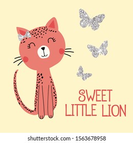 little sweet animal lion glitter butterfly girl tee illustration art vector