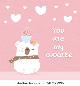 little sweet bear has cupcake on her head.it is wearing scarf and colourful flower.background decorate with white heart and pink pastel.cute cartoon design concept for valentine and birthday party.