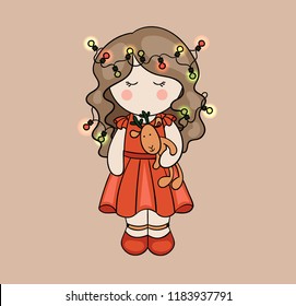 Little sweet doll with deer toy and garland in hair. Christmas vector card.