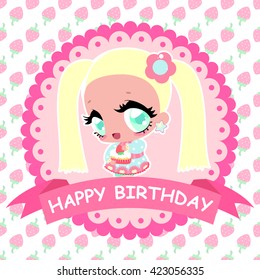 Little sweet girl. Happy birthday banner. Greeting card with a doll. Strawberry background.