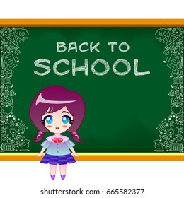 The little sweet girl is standing by the school board. Back to school. Doodle on green school chalkboard with blank copyspace for childhood imagination and education success concept