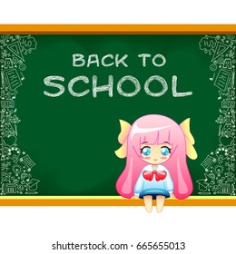 The little sweet girl is standing by the school board. Back to school. Doodle on green school chalkboard with blank copyspace for childhood imagination and education success concept