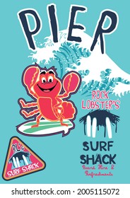 little sweet lobster surfing baby t-shirt pattern design vector