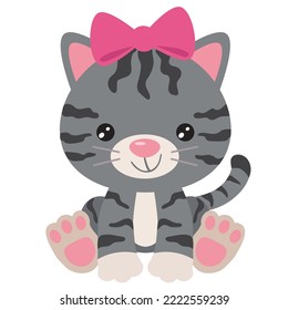 Little tabby cat. Sitting kitten vector cartoon illustration.