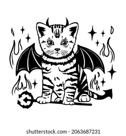 Little tabby kitten imp with wings. vector illustration. Halloween cat. Cat for vinyl cutting and printing. Lovely pets.