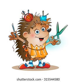 Little tailor hedgehog with a needle and a thread on white background