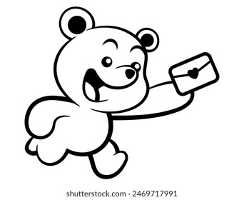 Little Teddy Bear cartoon characters running while sending a letter of love. Best for outline, logo, and coloring book with valentine themes