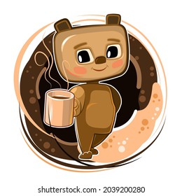 Little Teddy Bear coffee. Cartoon flat style. Young animal cub with a mug. A cute baby offers a hot morning drink with frothy. The isolated object on a white background. Vector