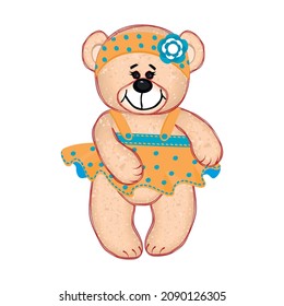 Little teddy bear girl in a dress and with a flower on her head. Cute childish character beige colour and isolated on white.Drawn with texture and stroke.Vector cartoon illustration.