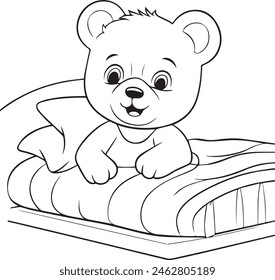 Un osito de peluche acostado en una cama. Ilustración en blanco y negro