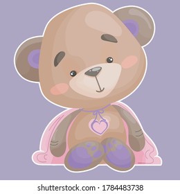 Little teddy bear with a pink heart on his chest in a pink superhero cape