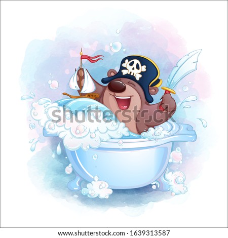 Little teddy bear plays in the bath in the pirates. Children's cartoon character. Vector watercolor background.