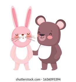 little teddy bear and rabbit cartoon character on white background vector illustration