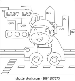 Little teddy bear racer, vector cartoon, Cartoon isolated vector illustration, Creative vector Childish design for kids activity colouring book or page. 
