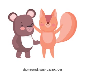 little teddy bear and squirrel cartoon character on white background vector illustration