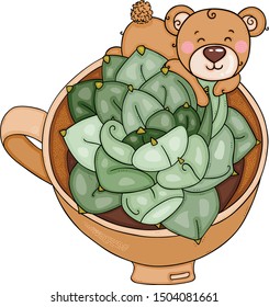 Little teddy bear in a tea cup with green cactus