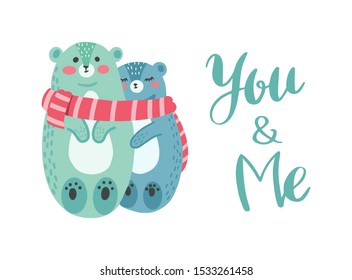 little teddy and big blue bear are in love, hugging each other vector isolated illustration for t-shirt, phone case, mugs, baby shower,wall art. text "love you beary much