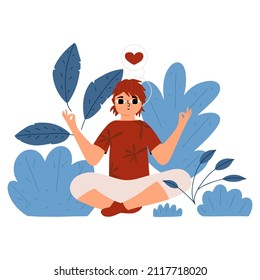 Little teen girl sits in the lotus position. Mental positive health on the nature of the child. Vector illustration in flat style