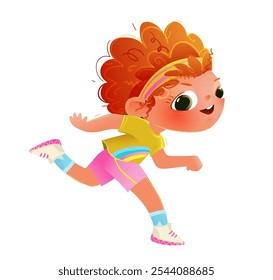 Kleine oder Teenager-Mädchen laufen, spielerisch sportliche Kinderfigur. Redhead Mädchen glücklich Läufer Cartoon für Kinder. Vektorgrafik, niedliches Teenager-Charakterdesign für Kinder.