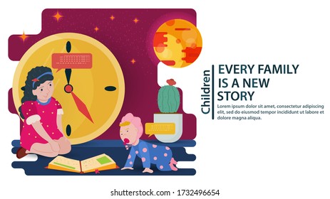 A little teenage girl sitting on her knees in front of a book and watching a baby crawl. Concept for banner design,websites and postcards. Vector flat illustration