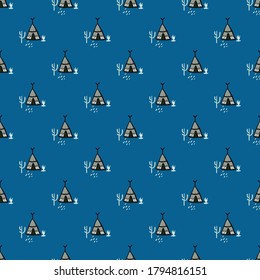 Little teepee ornament seamless pattern. Wigwam elements on bright blue background. Tribe style. Decorative print for wallpaper, textile, wrapping paper, fabric print. Vector illustration.