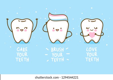 Сute little teeth on blue background