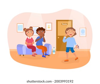 Little terrified children are sitting in waiting room in hospital. Sick kids sitting on chairs and waiting for doctor examination. Concept of medicine for children. Flat cartoon vector illustration