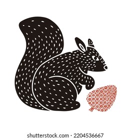 Little textured squirrel with pine cone hand drawn in linocut or woodcut style, silhouette vector illustration, isolated on white background