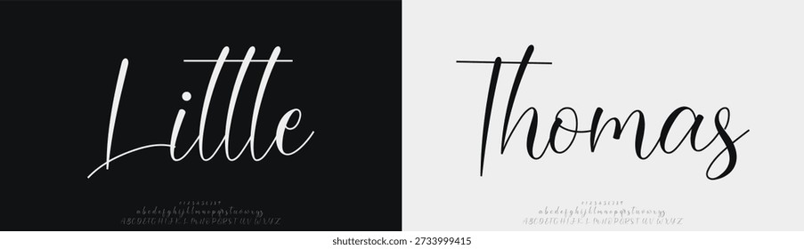 Little Thomas, Luxury script alphabet letters font with tails. Typography elegant classic lettering serif fonts and number decorative vintage retro concept for logo branding. vector illustration
